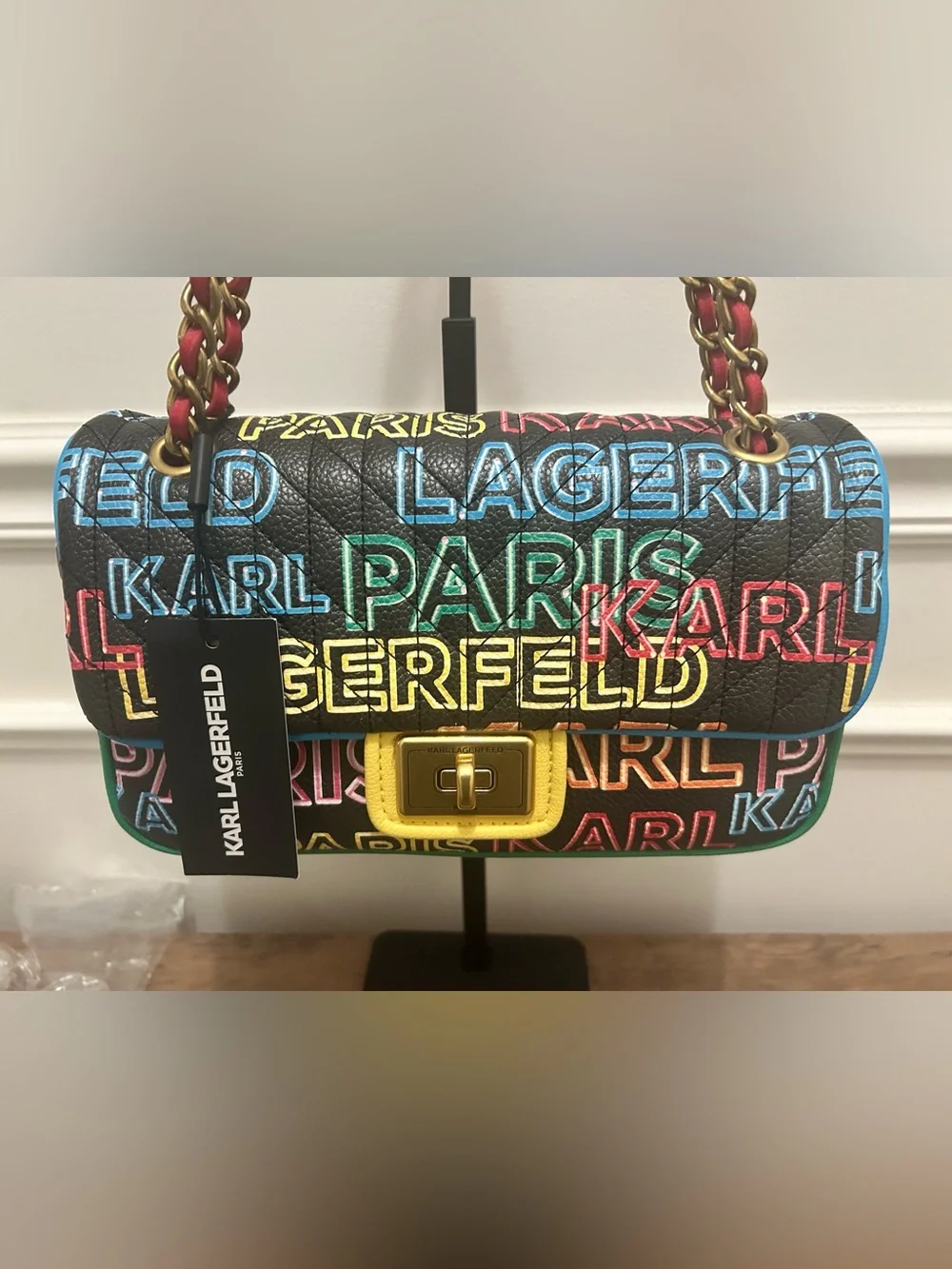 Karl Lagerfeld Black Multicolor Logo Chain Shoulder Bag - Picture 4 of 10